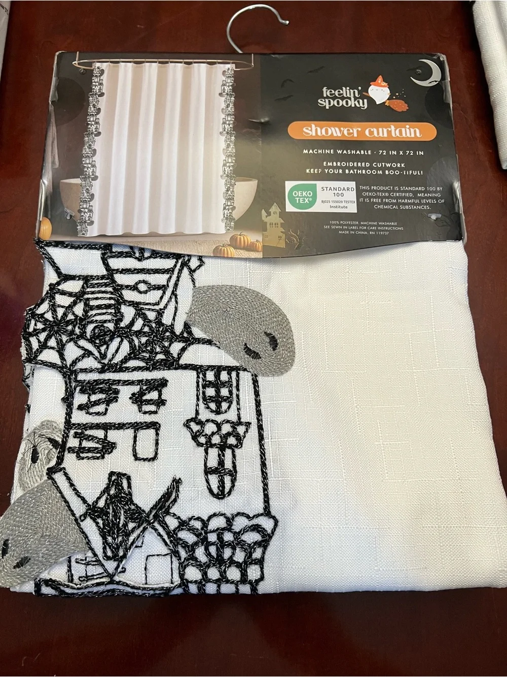 Spooky Embroidered White Shower Curtain with Gray Accents